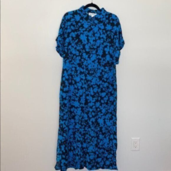 Addition Elle Women Blue/Black Maxi floral Printed Shirt Dress Plus Size 16 NWT - Picture 3 of 12